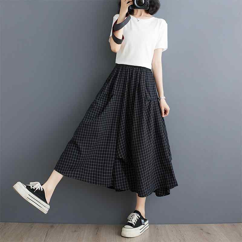 スカート レディース ミディ丈 Aライン チェック柄 アシンメトリー 切り替え ヘップバーン風 綿麻 春夏 きれいめ 通勤 オフィス カジュアル 個性的 ポケット付き(4)