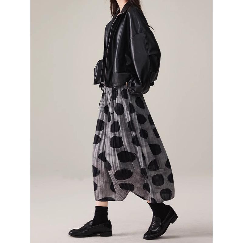 プリーツスカート レディース ドット柄 ポリエステル素材 ストレッチ ハイウエスト ウエストゴム ゆったり カジュアル きれいめ エレガント 通勤 オフィス 春夏 ロング丈 ミディ丈 グレー