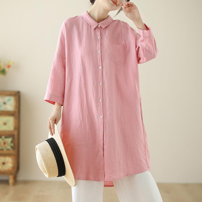 シャツ レディース 綿麻 リネン コットン ゆったり ルーズ ビッグシルエット ミドル丈 ロング丈 襟付き ドロップショルダー 長袖 前開き シングルボタン 切り替え 無地 ピンク カジュアル リラックス 文芸風 着回し 普段使い 秋冬 トップスのサムネイル