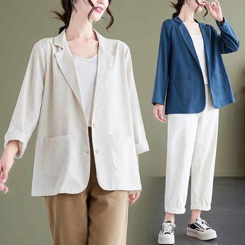テーラードジャケット レディース 秋 薄手 長袖 レトロ カジュアル 大人カジュアル 綿麻 トリアセテート シングルブレスト 2つボタン 羽織り
