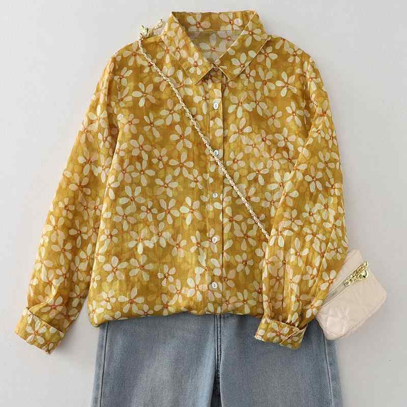 シャツ レディース 綿麻 リネンコットン混 花柄 プリント レトロ 文芸風 フレンチスタイル ゆったり ルーズフィット 長袖 フリル襟 プルオーバー トップス 高品質 秋冬 イエロー系 普段使い カジュアルのサムネイル
