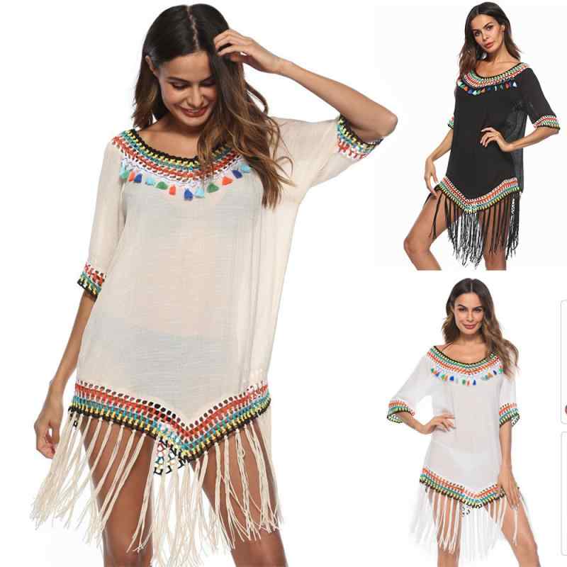 ビーチカバーアップ レディース かぎ編み 透かし編み UVカット Vネック フリンジ レインボーカラー マルチカラー リゾートウェア 水着の上 春夏 綿混 アクリル トップス