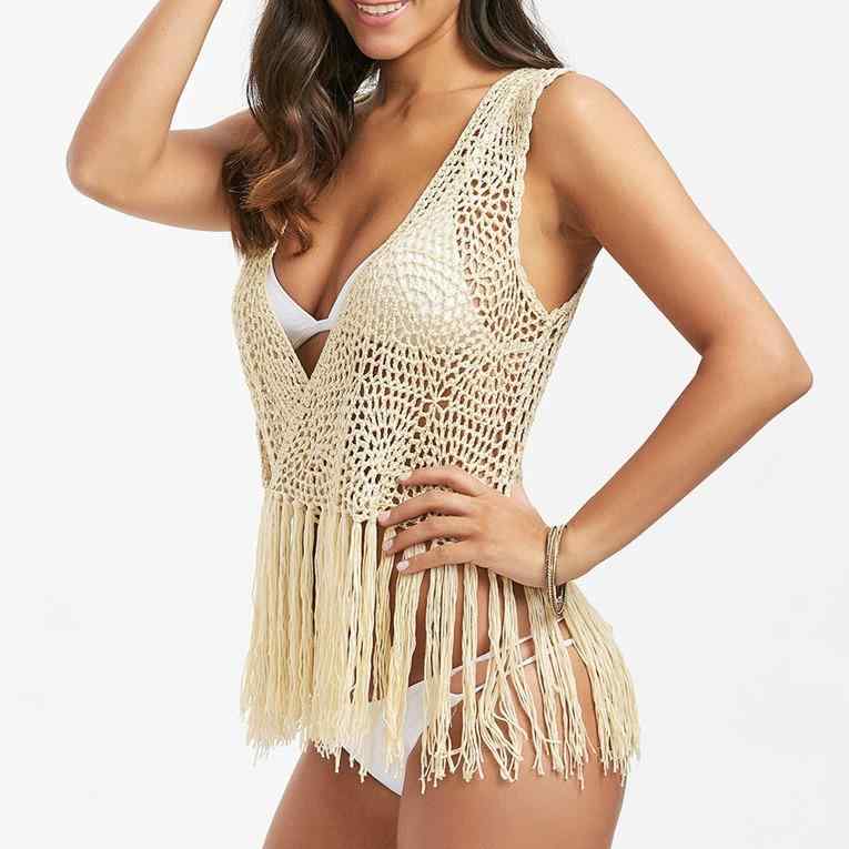 水着カバー レディース 和風 透かし編み クロシェ編み フリンジ クロス ノースリーブ アクリル素材 ビ..