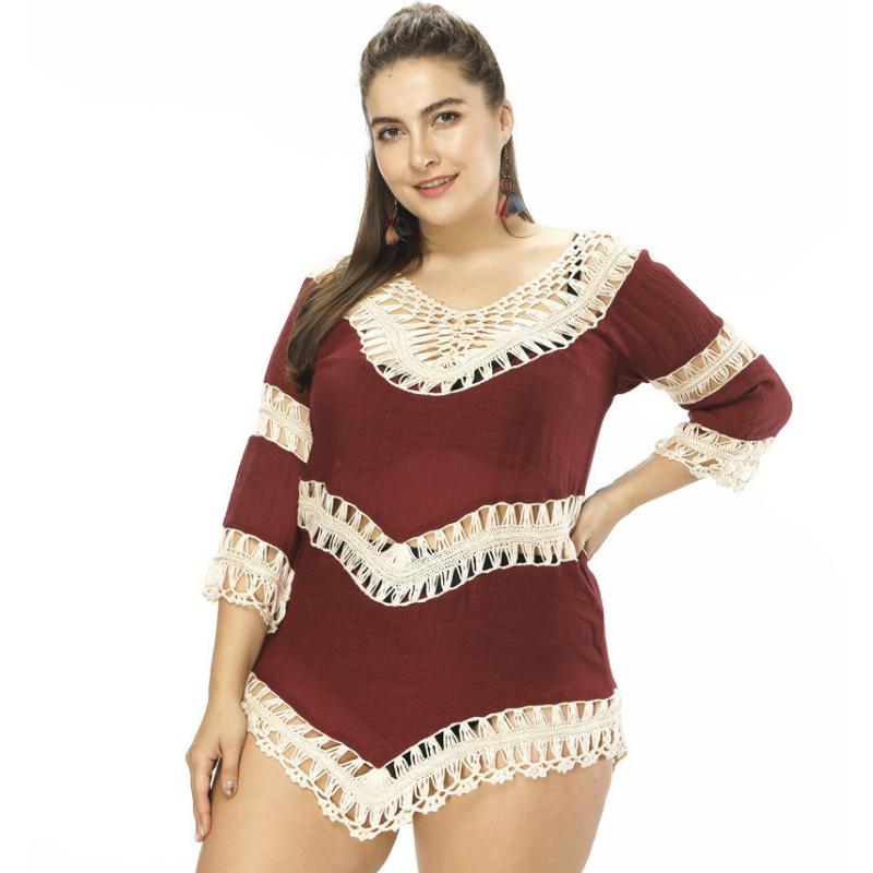 カバーアップ レディース 大きいサイズ 透かし編み かぎ編み ビーチ リゾートウェア 水着の上に着る 欧米風 セクシー UVカット 日焼け対策 チュニックドレス ワインレッド ポリエステル アクリル