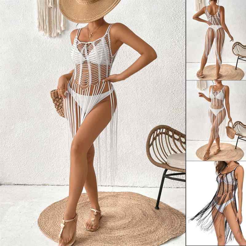 ビーチカバーアップ レディース 女性用 ビーズ装飾 透かし編み レース ショート丈 キャミソール 水着上..