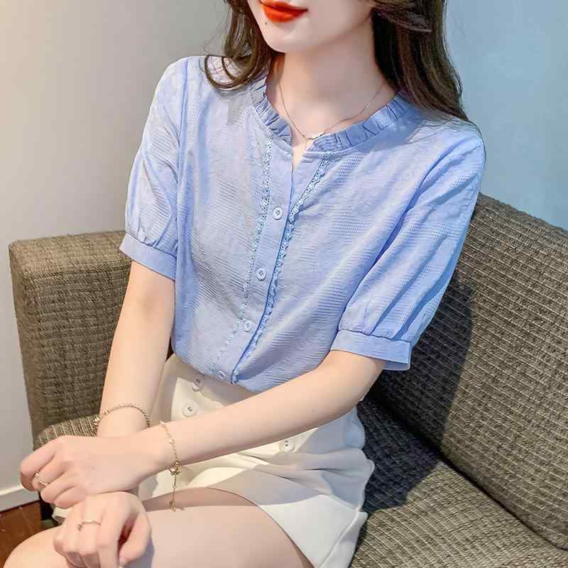 シャツ レディース 春夏 半袖 バンドカラー メロウフリル 切り替えデザイン 無地 ポリエステル 綿混紡 きれいめ 通勤 オフィス カジュアル 着回し トップス ホワイト ブルー