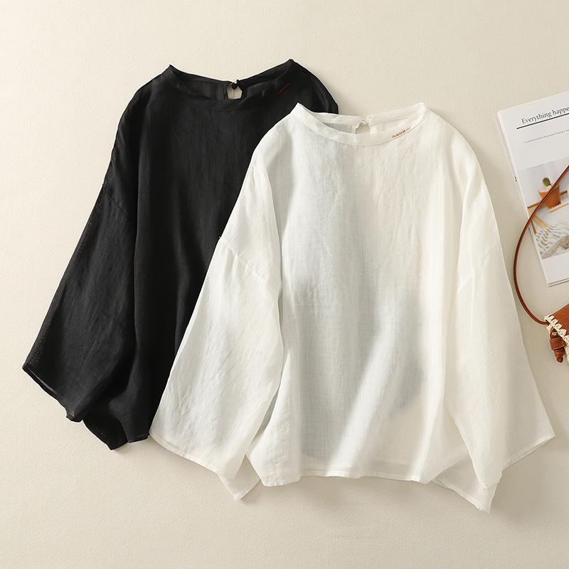 ブラウス レディース オフショルダー 七分袖 ゆったり ルーズフィット 大きいサイズ レトロ カジュアル 通勤 オフィス 綿麻混 アクリル 薄手 軽量 紫外線対策 UVカット 春夏 マカロンカラー パープル