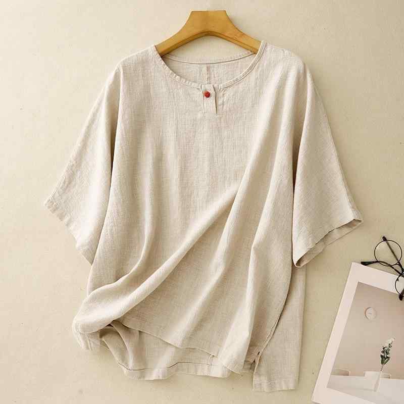 Tシャツ レディース 女性用 大きいサイズ ゆったり ビッグシルエット 綿麻 コットンリネン 無地 チャイナ風 飾りボタン 盤扣デザイン ラウンドネック プルオーバー ショートスリーブ レトロ アンティーク風 カジュアル 春夏