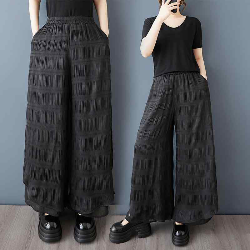 スカンツ レディース 春夏 ダーク系 無地 プリーツ 切り替え 九分丈 ハイウエスト ウエストゴム 細見え 薄手 ストレッチ 着回し ブラック きれいめ 通勤 カジュアル アクリル(4)