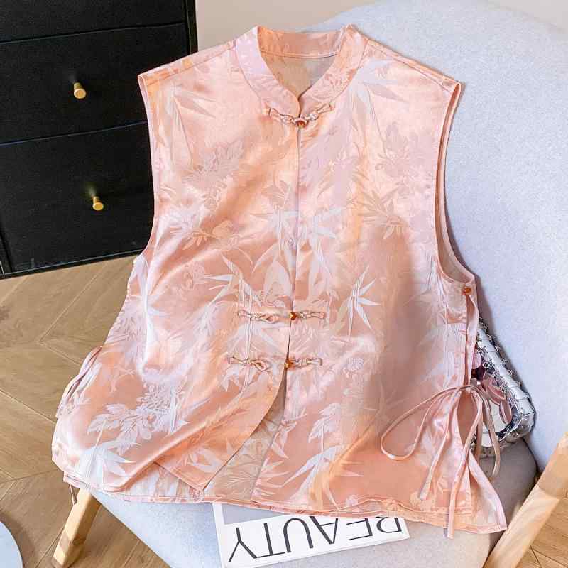 ベスト レディース 新チャイナ風 唐装スタイル チャイナボタン アクリル ピンク 春夏 エレガント きれいめ 通勤 オフィス カジュアル