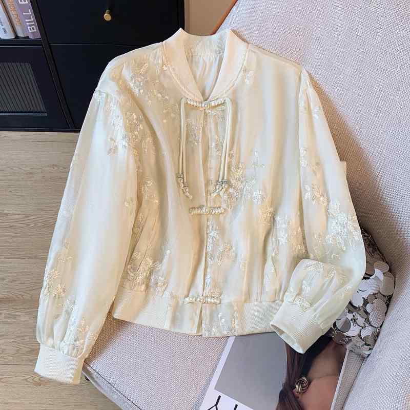 ジャケット レディース チャイナ風 パールチャイナボタン ショート丈 スタンドカラー ジャガード織り 刺繡 花柄 ゆったり オーバーサイズ レトロ 上品 かわいい アクリル混紡 中厚手 秋冬 ベージュ