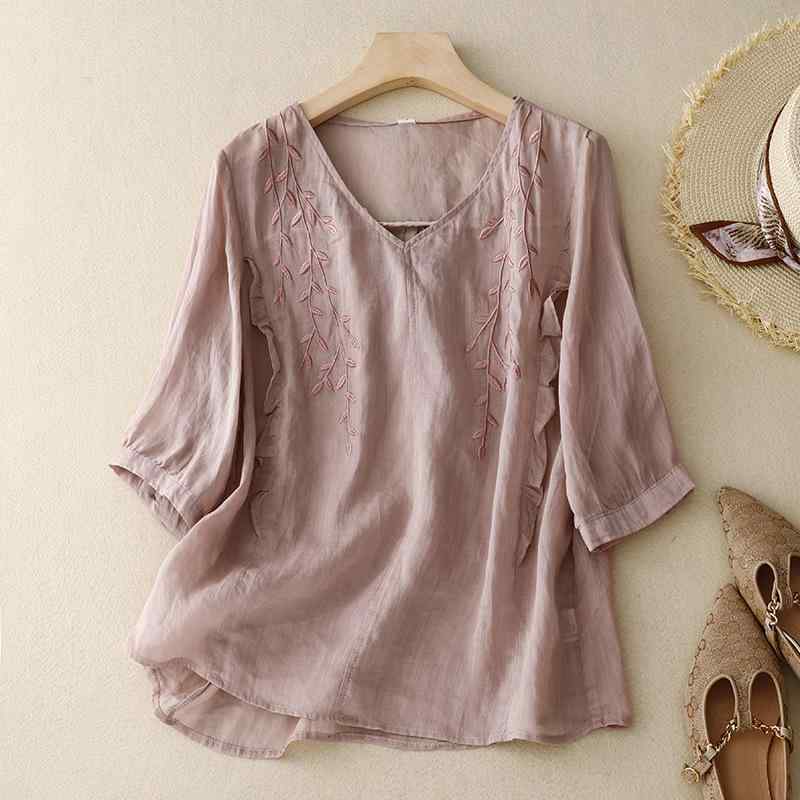 シャツ ブラウス Tシャツ 半袖 綿 刺繍 Vネック カジュアル 文芸レトロ ゆったり 細見え 体型カバー 着回し 普段使い 春夏