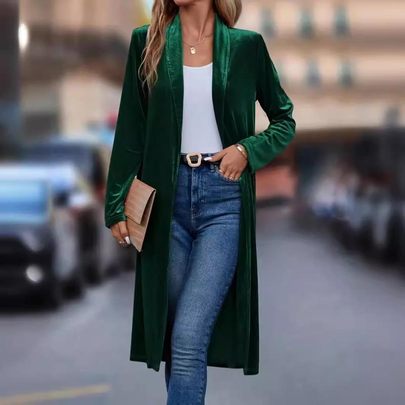 楽天way-ugoカーディガン レディース ゆったり Vネック コーデュロイ なめらか 長袖 ミドル丈 無地 着痩せ効果 エレガント きれいめ オフィス 通勤 秋冬 ポリエステル 肉厚 グリーン 欧米風