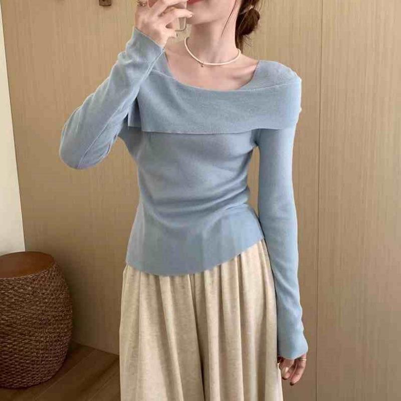 ニット レディース 女性用 オフショルダー 長袖 セーター スリムフィット インナー 切り替えデザイン きれいめ カジュアル 韓国風 ポリエステル ベーシックカラー 秋冬