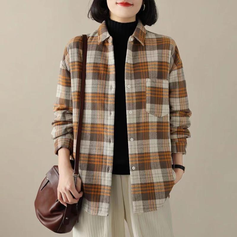 シャツ レトロ チェック柄 長袖 襟付き ゆったり リラックスフィット エレガント 上品 着痩せ効果 カジュアル 前開き カーディガン ブラウス トップス ポリエステル素材 ブルー カーキ色 オフィス 通勤 フォーマル(4)