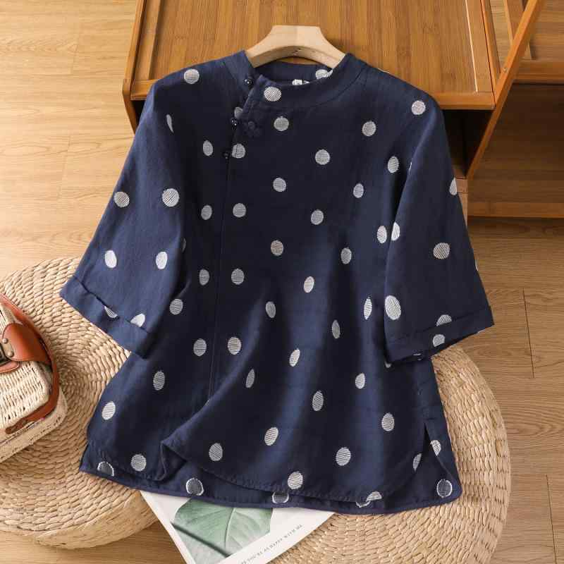 ＊紺色水玉シャツ＊ 薄手100%コットン水玉長袖シャツ プリント水玉シャツ 5色 S-XL