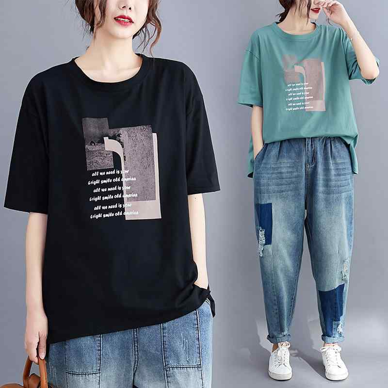 Tシャツ レディース 女性用 春夏 韓国風 半袖 ゆったり 大きいサイズ オーバーサイズ 綿 コットン クルーネック 丸首 ミドル丈 チュニック丈 プリント ブラック グリーン ホワイト 通勤 オフィス 普段使い カジュアル トップス(4)