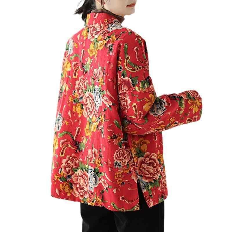 アウター レディース 女性用 秋冬 民族風 エスニック チャイナ風 レトロ スタンドカラー 立ち襟 飾りボタン 大花柄 ゆったり 大きいサイズ 綿麻 中綿 防寒 厚手 カジュアル