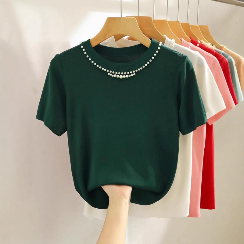 レディース 接触冷感 サマーニット 半袖トップス ビーズ装飾 ゆったり ショート丈 クルーネック プルオーバー 薄手 カジュアル 春夏 ポリエステル