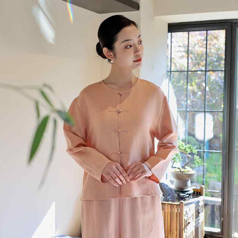 ジャケット レディース チャイナ風 レトロ ヴィンテージ 綿麻 麻 再生繊維 シャツ 盤ボタン 長袖 ラウンドネック シングルボタン 春夏 ナチュラルカラー 上品