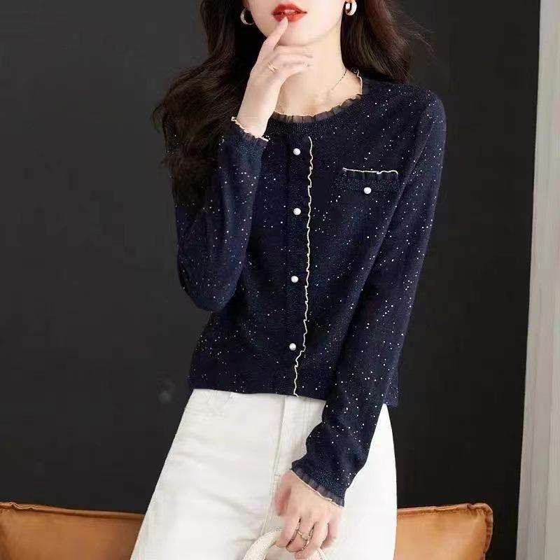 ニット レディース 秋冬 エレガント 上品 長袖 インナー トップス フリル襟 ドット柄 ポリエステル 通勤 オフィス カットソー 黒 ネイビー