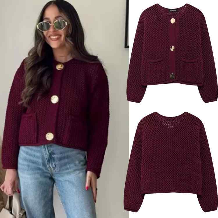 ニット セーター レディース ワインレッド 無地 ゆったり ラウンドネック 長袖 トップス カーディガン アウター ポリエステル 切り替え ボタン ストリート カジュアル 普段使い(4)