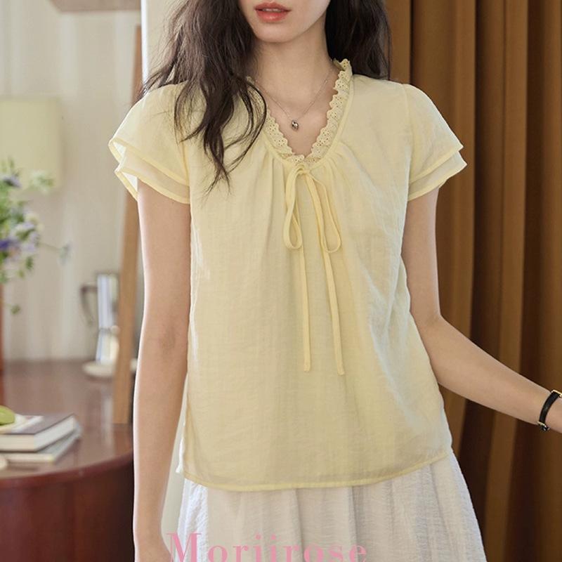 ブラウス レディース イエロー Vネック フリル リボンタイ 半袖 二重袖 フレンチレトロ エレガント きれいめ 細見え 春夏 プルオーバー ポリエステル素材(4)
