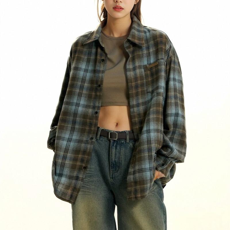 シャツ ユニセックス 起毛 チェック柄 バイカラー 長袖 ゆったり オーバーサイズ レトロ アメカジ カジュアル ストリート 羽織り イージーケア 春夏 ペア ミドル丈 コットン ブラウン グリーン