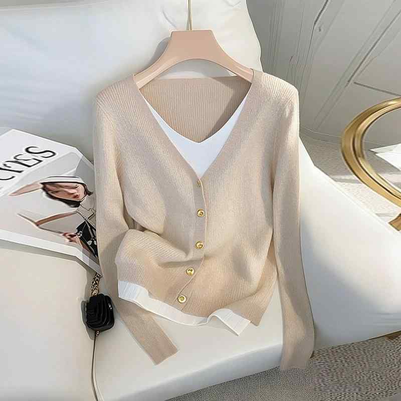 ニットトップス レディース Vネック 重ね着風 長袖 プルオーバー ゆったり フェイクレイヤード ポリエステル 高級感 上品 エレガント シック 通勤 オフィスカジュアル ベージュ系 秋冬