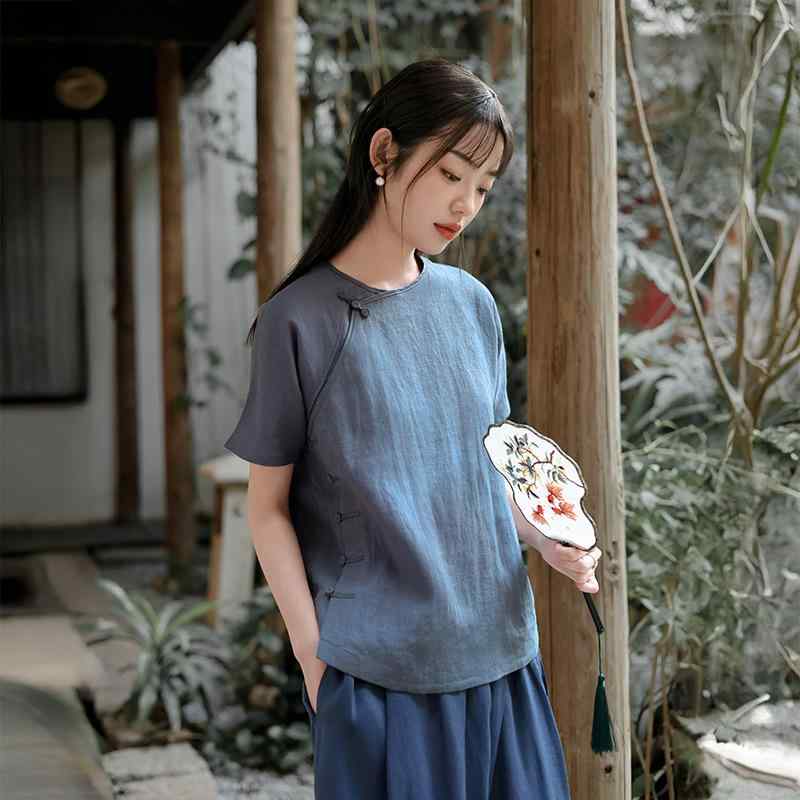 Tシャツ レディース 新中華風 斜め開襟 半袖トップス 砂洗リネン 麻 ラウンドネック レトロ カジュアル ゆったり リラックスフィット 春夏