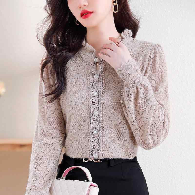 トップス レディース 秋冬 エレガント 上品 フリル襟 長袖 レース モックネック ポリエステル 通勤 オフィス デイリー カーキ カットソー