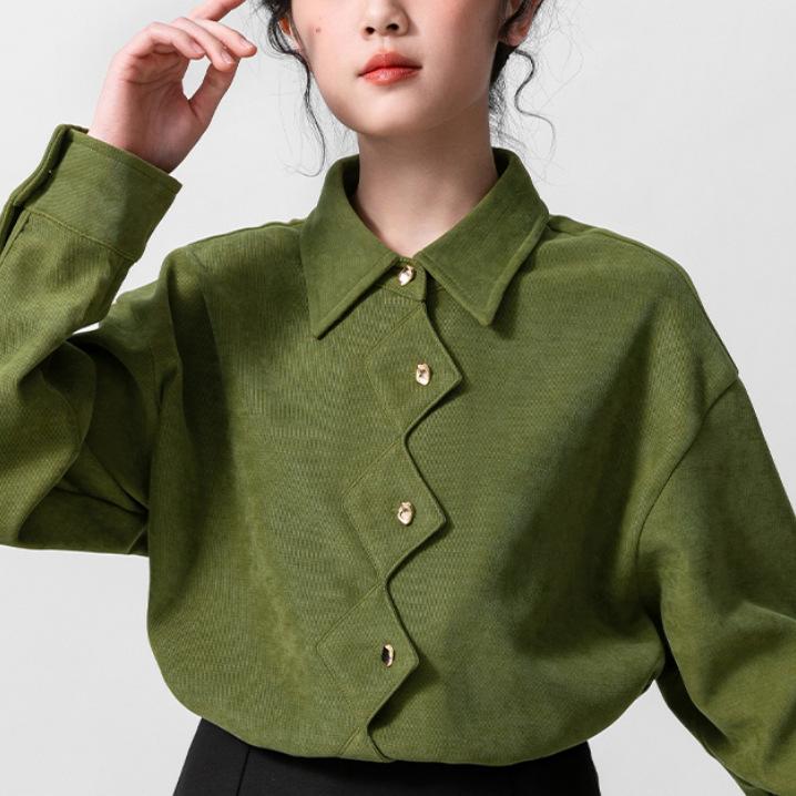 シャツ レディース ポロ襟 長袖 ドロップショルダー レトロ 無地 ポリエステル 通勤 上品 エレガント トップス 秋冬 グリーン