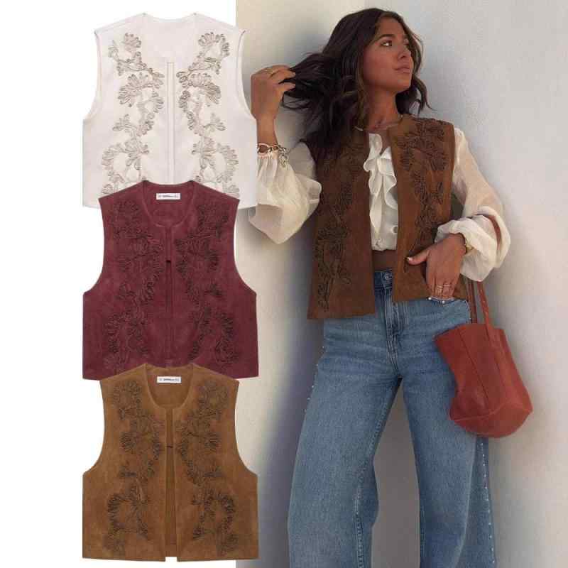 ベスト レディース 女性用 春夏 刺しゅう スエード調 ベロア調 ジレ ストリート カジュアル 欧米風 ポリエステル ワインレッド ブラウン ベージュ