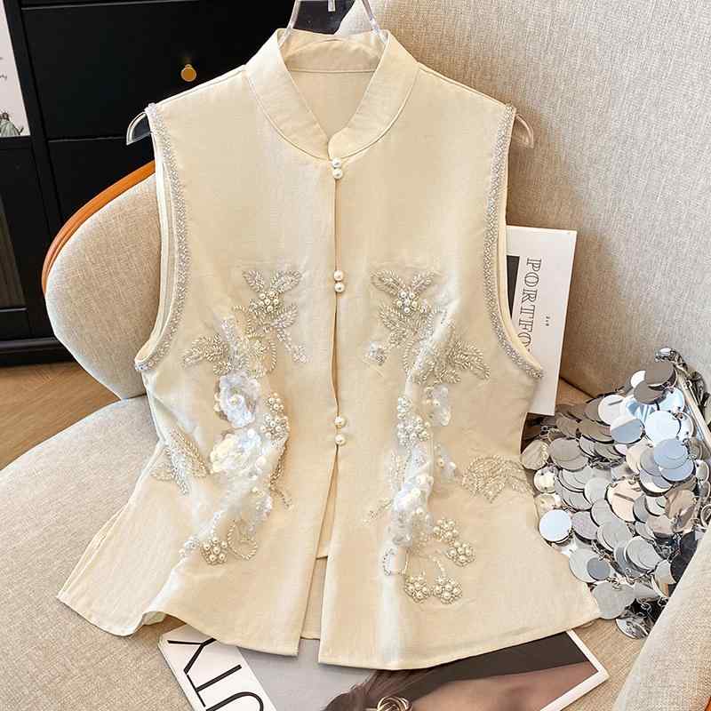 ベスト レディース 改良新中華風 レトロモダン カジュアル 刺繡 チャイナボタン ノースリーブ スタンドカラー ポリエステル 麻 ナチュラル ベージュ 春夏