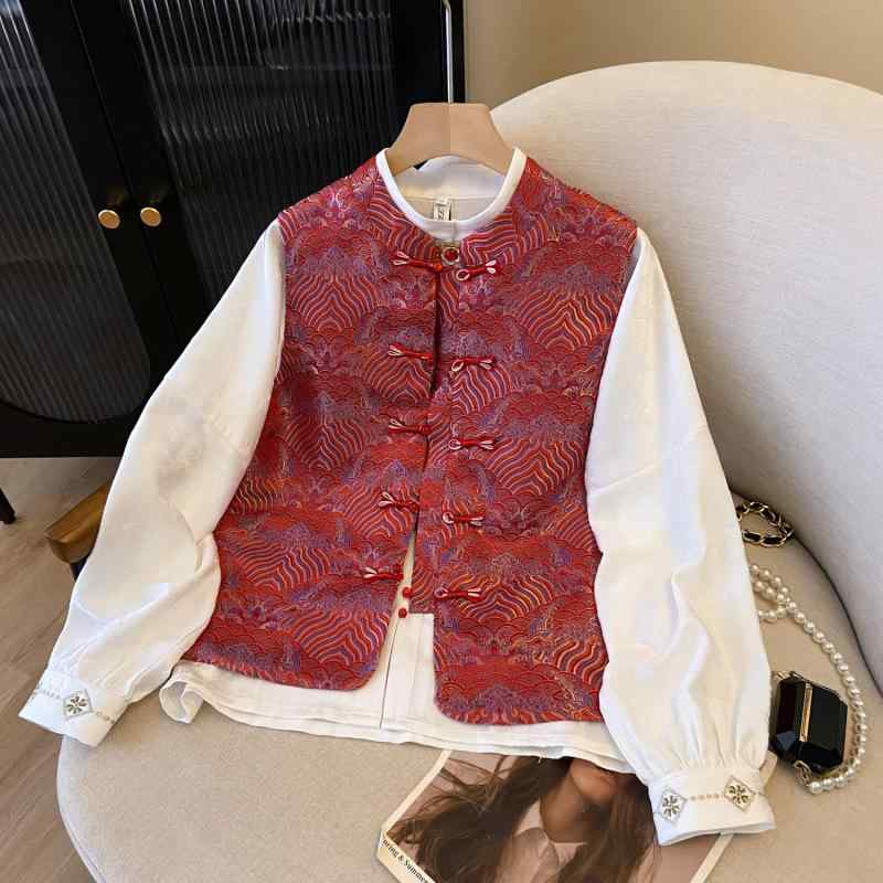 ベスト レディース 秋冬 レトロ ネオチャイニーズ 唐装風 改良 チャイナボタン 刺繍 スタンドカラー 立ち襟 ジレ ポリエステル(4)