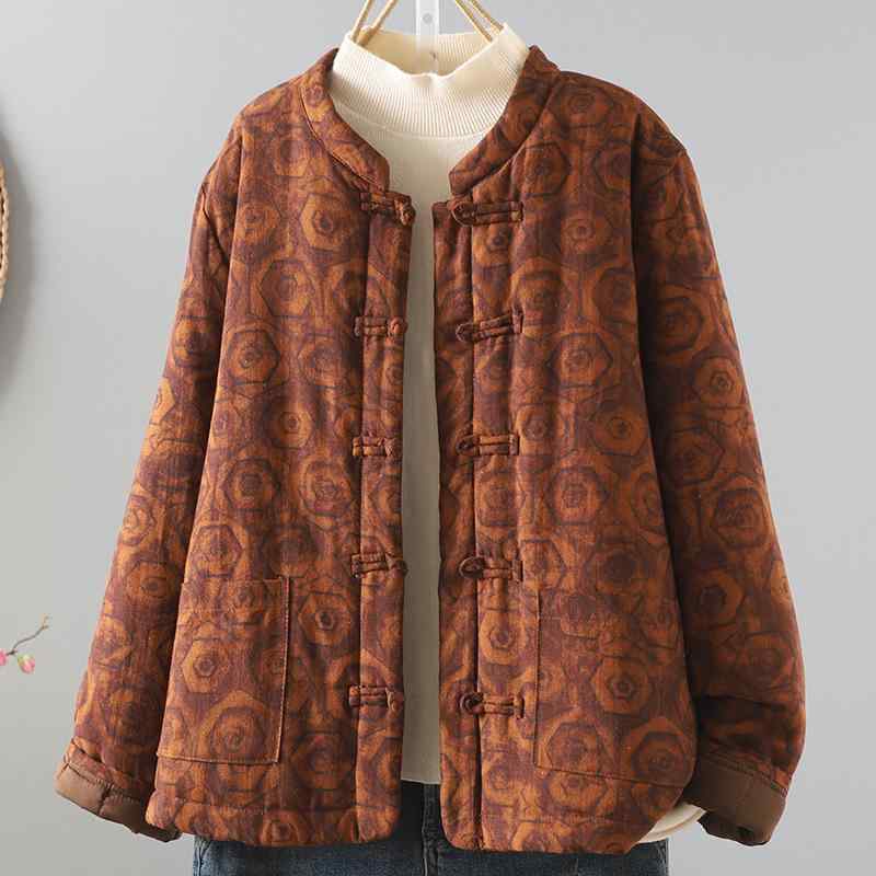 中綿ジャケット レディース 冬 漢服 チャイナ風 禅スタイル レトロ 和モダン 文芸風 綿麻 コットンリネン 厚手 暖かい 防寒 立襟 長袖 アウター 普段使い カジュアル 植物柄 花柄のサムネイル