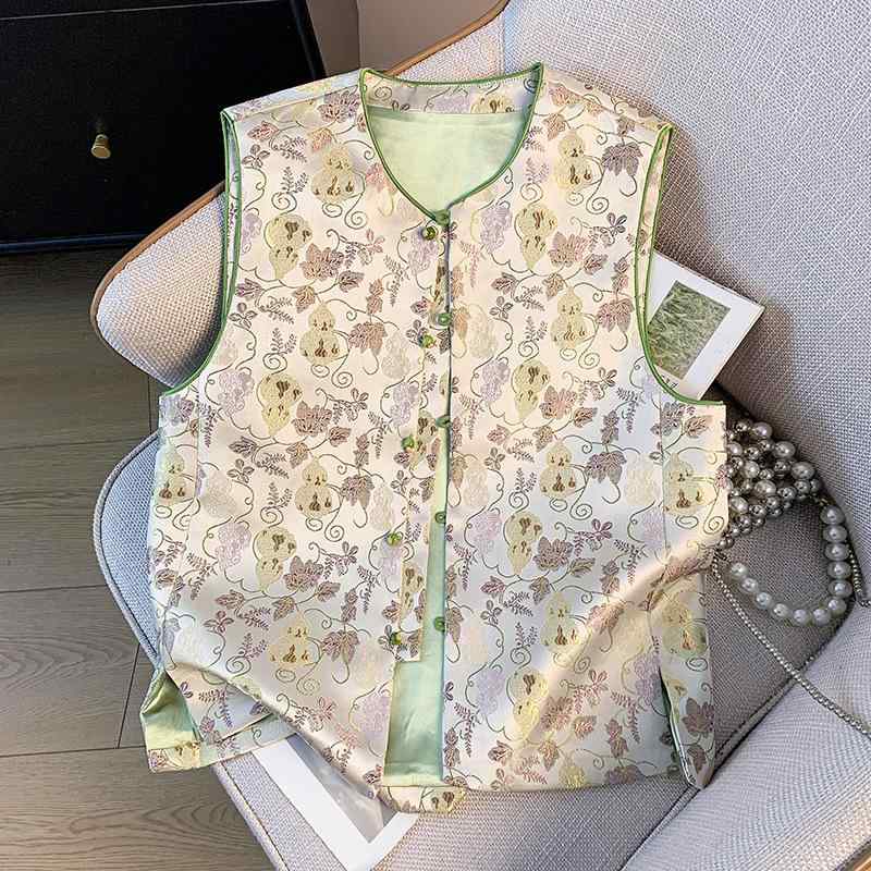 ベスト レディース 春夏 レトロ 新チャイナ風 改良型 盤釦 ジャガード織り 刺繍 エスニック 民族調 ポリエステル トップス 前開き ジレ 普段使い お洒落(4)