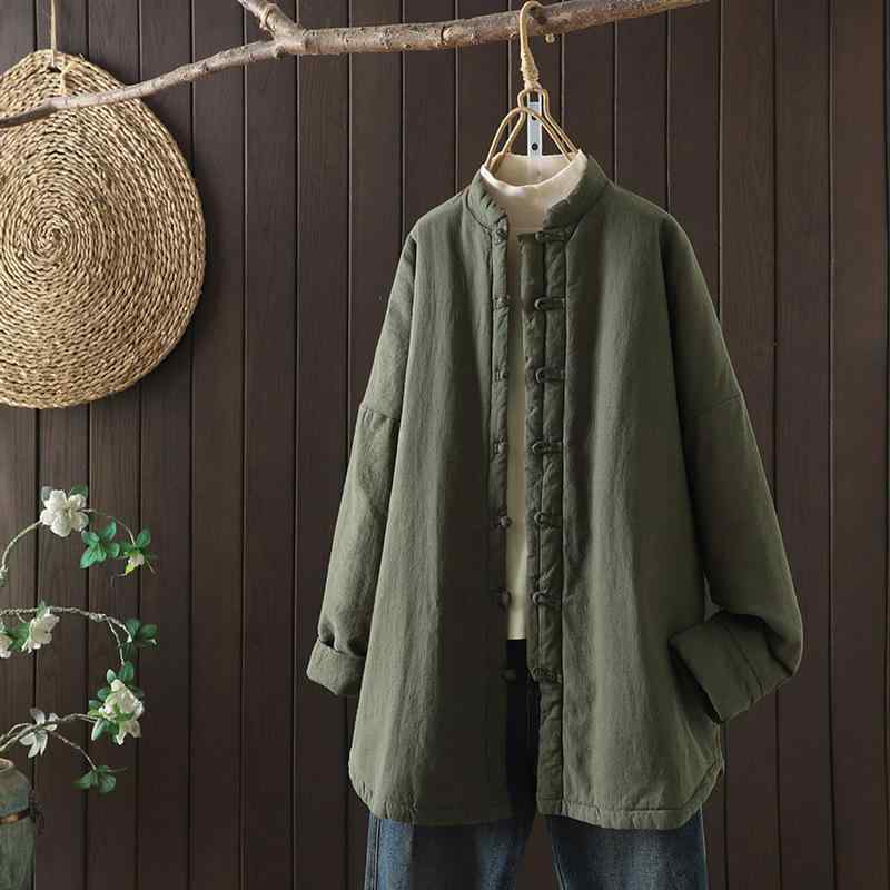中綿コート レディース レトロ 民族風 エスニック 改良型 中綿入り 厚手 暖かい 保温 コットンリネン 綿麻 立ち襟 スタンドカラー チャイナボタン ミドル丈 長袖 無地 秋冬 イエロー モスグリーン アウターのサムネイル