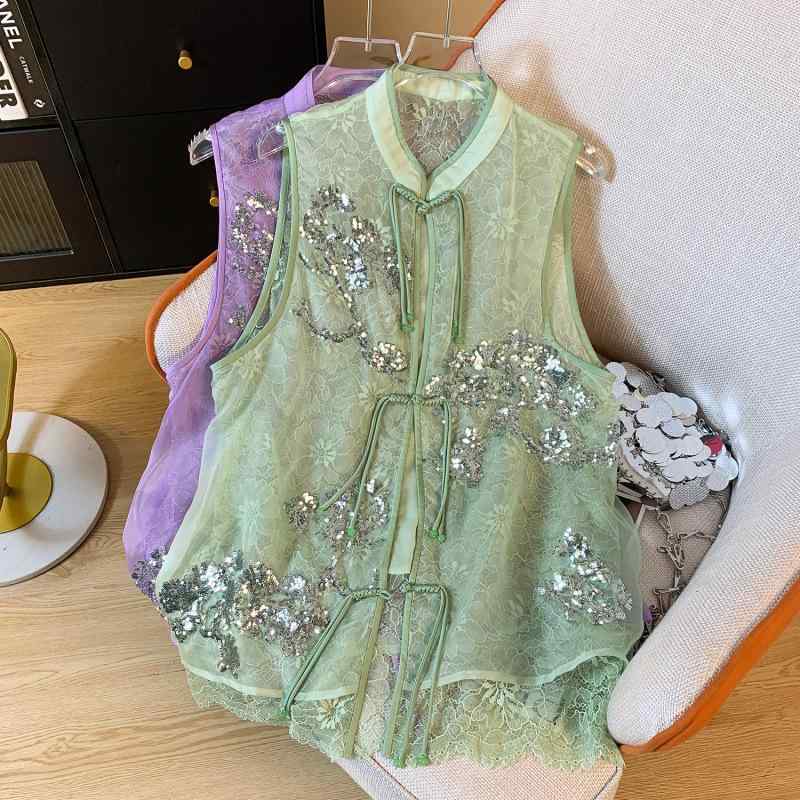 ベスト レディース 春夏 レトロ 新チャイナ風 オリエンタル 薄手 レース スパンコール刺繍 スタンドカラー ポリエステル ジレ トップス