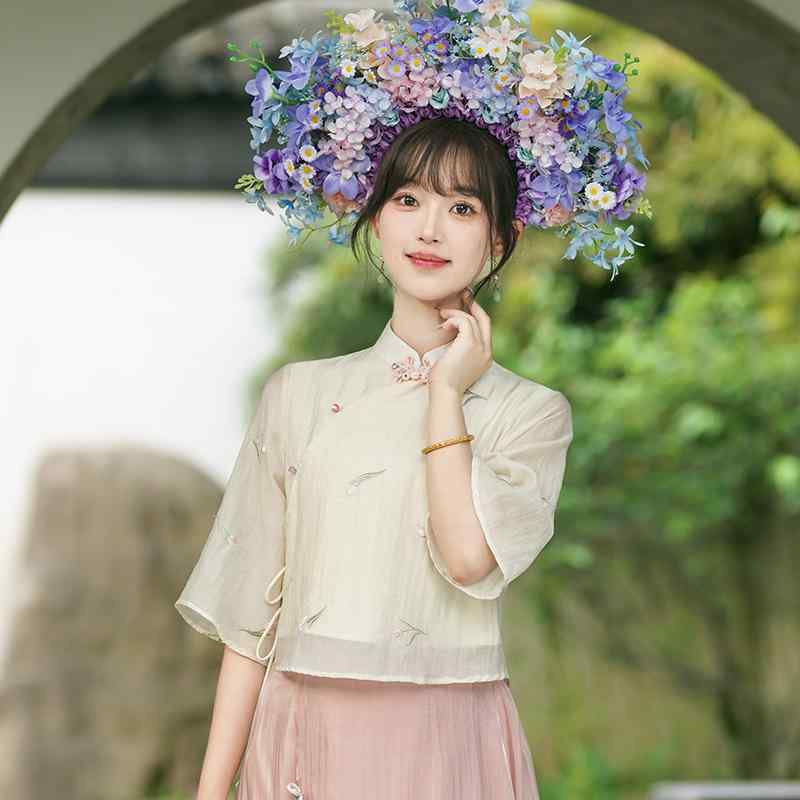 トップス レディース 春夏 レトロ 新中式改良チャイナドレス 民国風 唐装 民族風 エスニック 刺繍 スタンドカラー 立ち襟 七分袖 ブラウス 女性用 ポリエステル 麻 リネン アプリコット