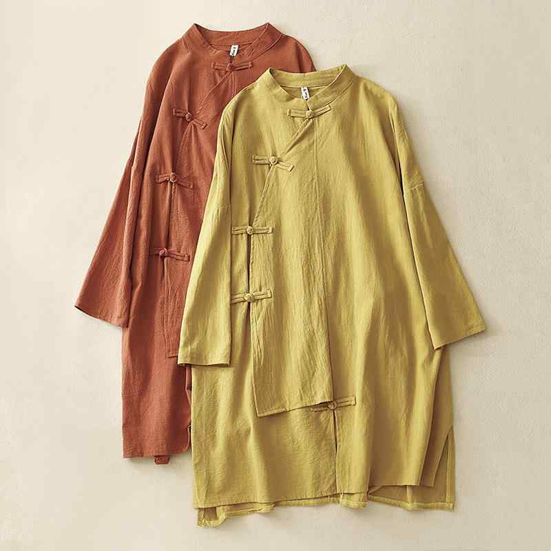 シャツ レディース 春夏 レトロ エスニック 綿麻 リネン チャイナボタン 長袖 ミドル丈 ゆったり 羽織り ブラウス ラウンドネック ラグランスリーブ ナチュラル リラックスウェア 普段着 通勤 オレンジ イエローのサムネイル