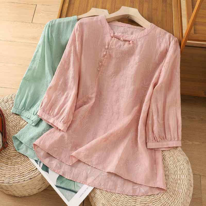 シャツ レディース 春夏 レトロ 民族風 文芸風 刺繍 綿麻 七分袖 ゆったり ラウンドネック シンプル 緑色 ピンク カジュアル トップス