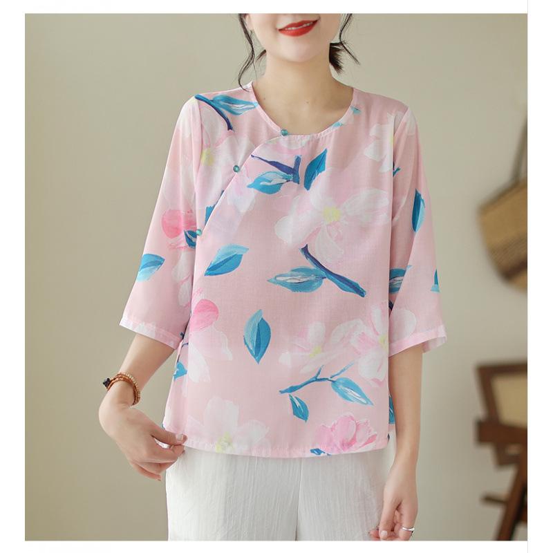 シャツ レディース 春夏 レトロ 民族風 エスニック 綿麻 コットンリネン ゆったり ルーズフィット 七分袖 クルーネック 丸首 花柄 プリント 前開き ナチュラルテイスト カジュアル モダン