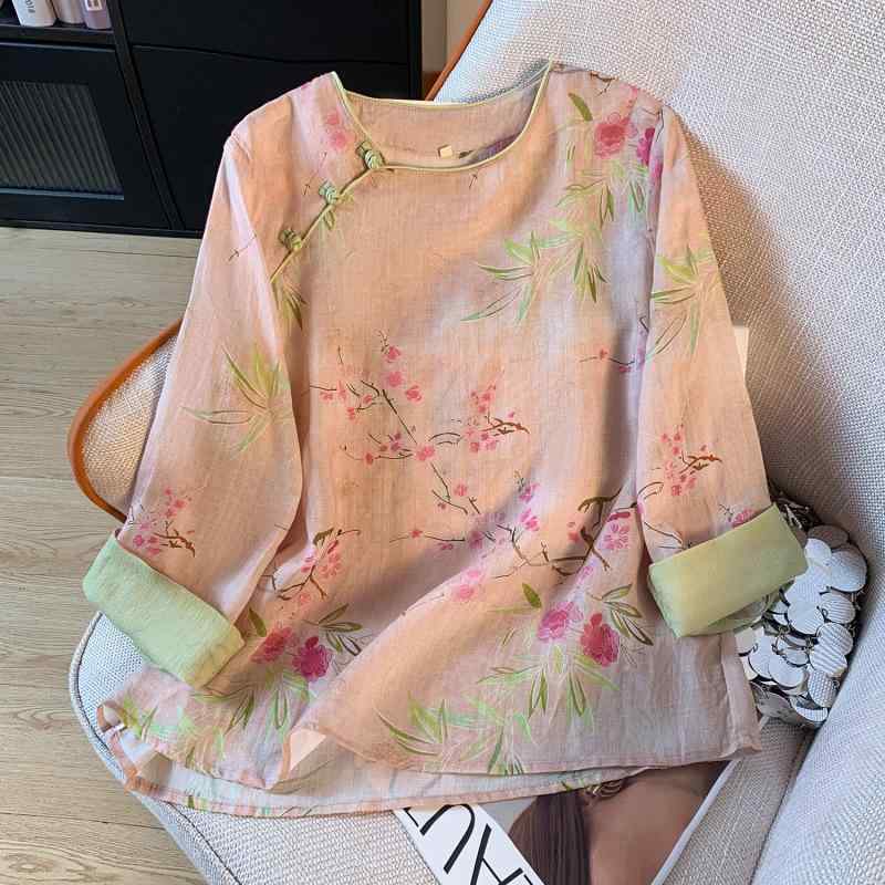 シャツ レディース レトロ 民族風 エスニック チャイナ風 改良型 デジタルプリント フリル袖 ゆったり リラックス ラウンドネック 長袖 綿麻 ピンク ミドル丈 普段使い カジュアル お出かけ 秋冬