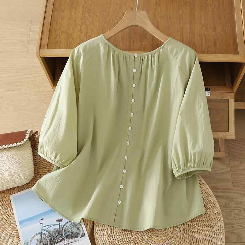 シャツ レディース レトロ 民族風 エスニック 文芸風 綿麻 麻 コットンリネン 無地 ゆったり オーバーサイズ クルーネック 丸首 七分袖 7分袖 薄手 軽量 前開き シングルボタン トップス 春夏