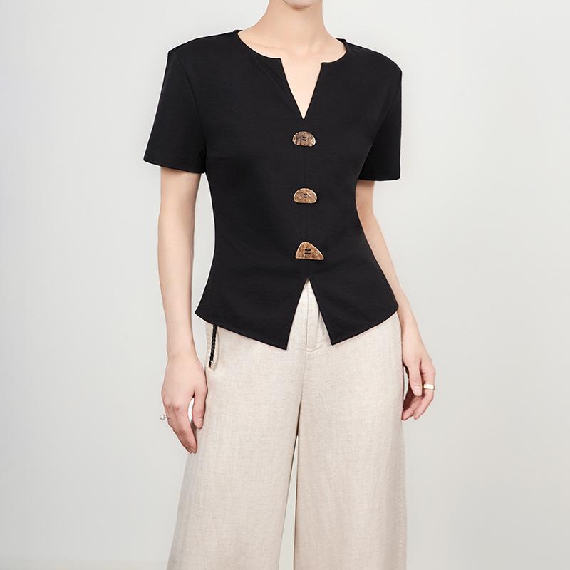 Tシャツ レディース 春夏 上品 エレガント 通勤 オフィス 再生繊維 ニット Vネック 大理石調 変形ボタン ウエストマーク 着痩せ 細見え スタイリッシュ ユニーク(4)