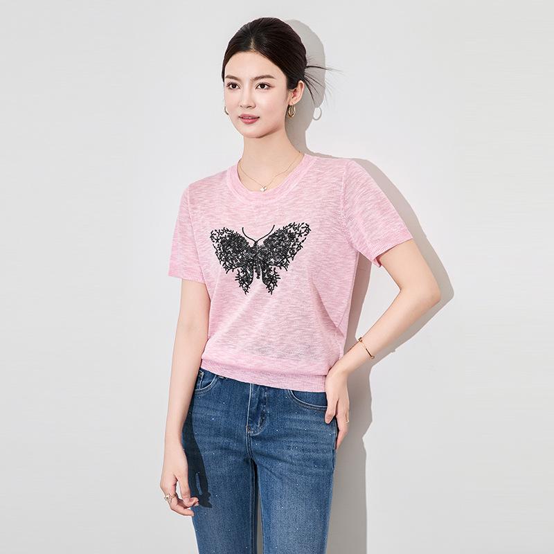 ニット レディース スタイリッシュ 軽量 シンプル 密織り 超極細 テンセル リネン アクリル 蝶々刺繍 ..