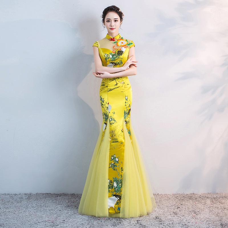 チャイナドレス レディース スリムフィット モダン マーメイド ロング丈 イエロー 立ち襟 イブニングド..