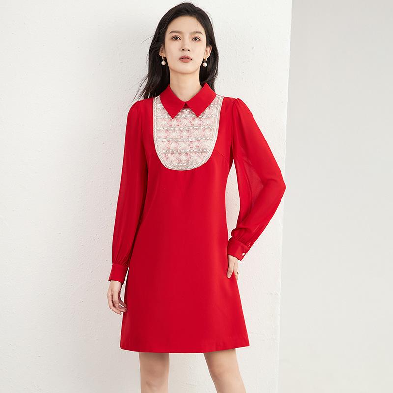 ドレス レディース U字ビーズ装飾 ポロ襟 長袖 Aライン ミディ丈 スラブ素材 シフォン切り替え ポリエステル シワになりにくい レトロ エレガント 上品 宮廷風 秋冬 ブラック レッド