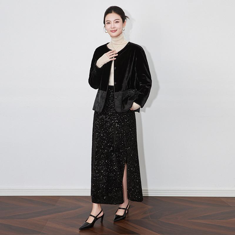 アウター レディース 新チャイナ風 レトロモダン エレガント シルクベルベット ジャカード織り 切り替え 高級感 ラウンドネック 長袖 サイドスリット ミドル丈 中厚手 形態安定 隠しボタン 冬